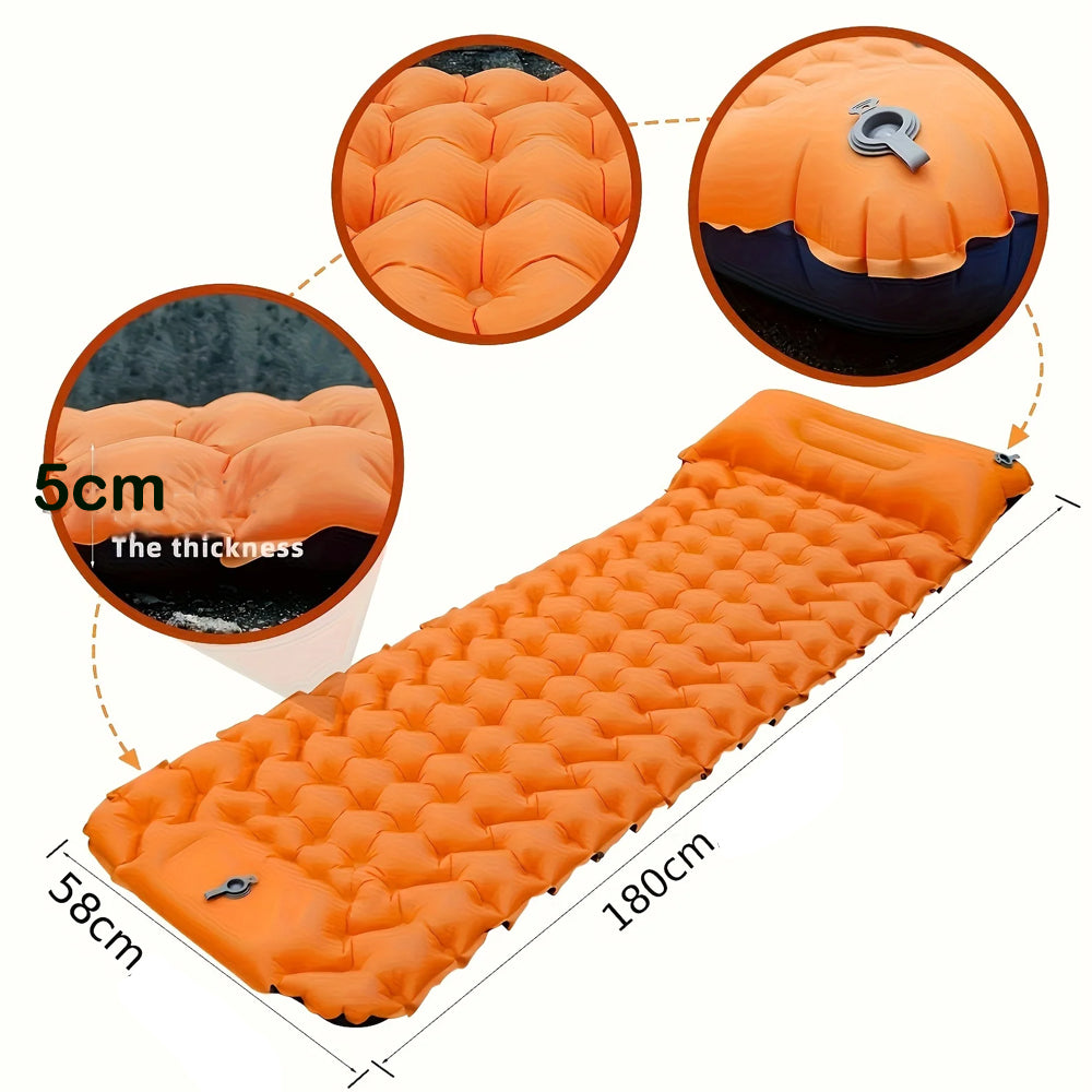Orange 180x58cm Outdoor Sleeping Pad Inflatable Mattress with Pillow Camping Mat