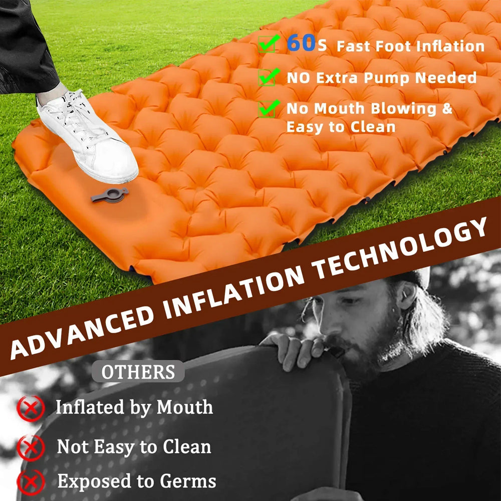 Orange 180x58cm Outdoor Sleeping Pad Inflatable Mattress with Pillow Camping Mat