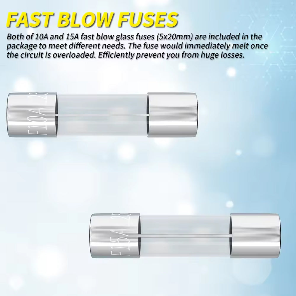 5 x Panel Mount Glass Fuse Holder Pre Wired with 5pcs each 5x20mm 10A/15A Fuse