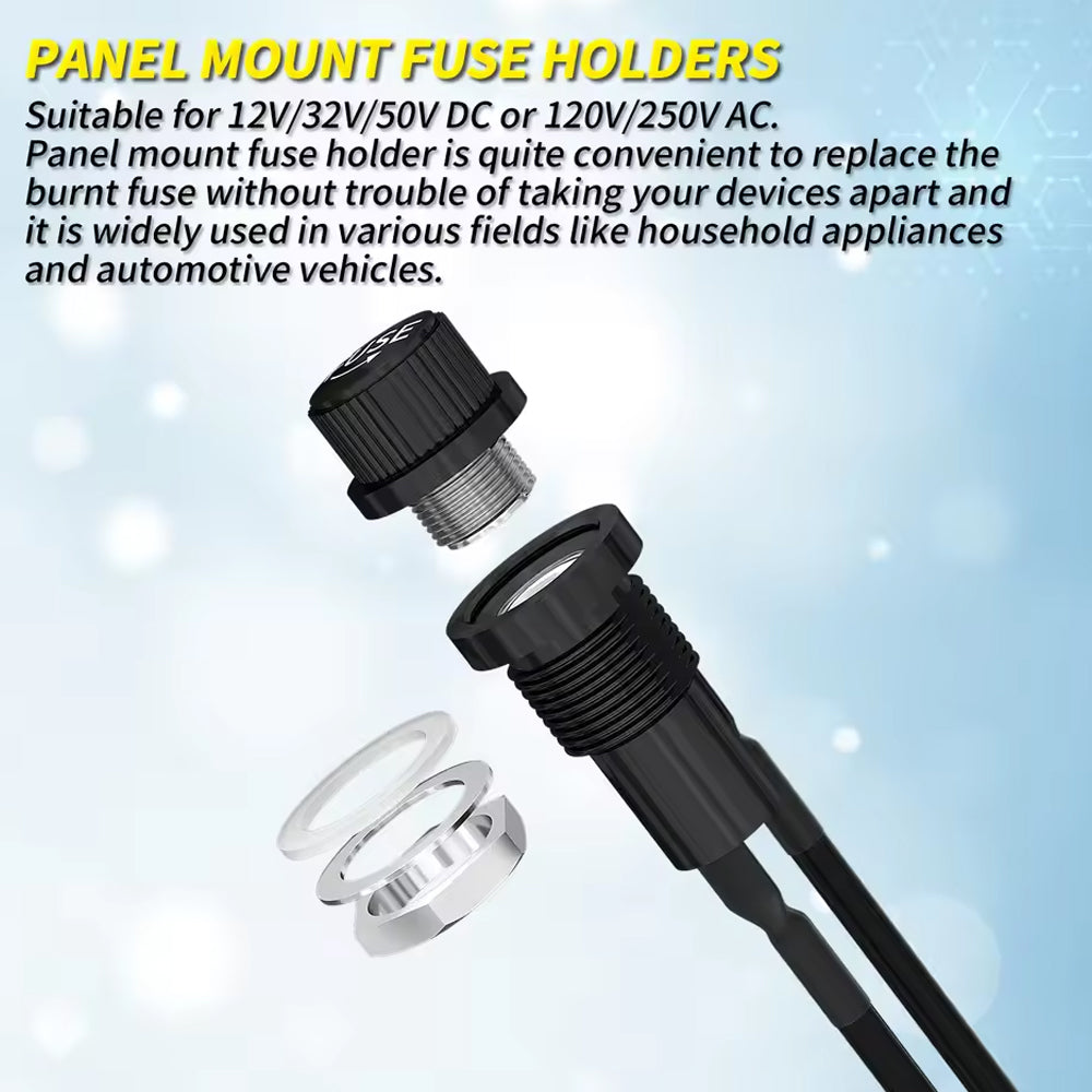5 x Panel Mount Glass Fuse Holder Pre Wired with 5pcs each 5x20mm 10A/15A Fuse