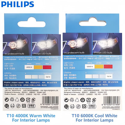 2 x Philips T10 W5W LED Globes 12V 4000K Warm White Bright Philips T10 LED Globe