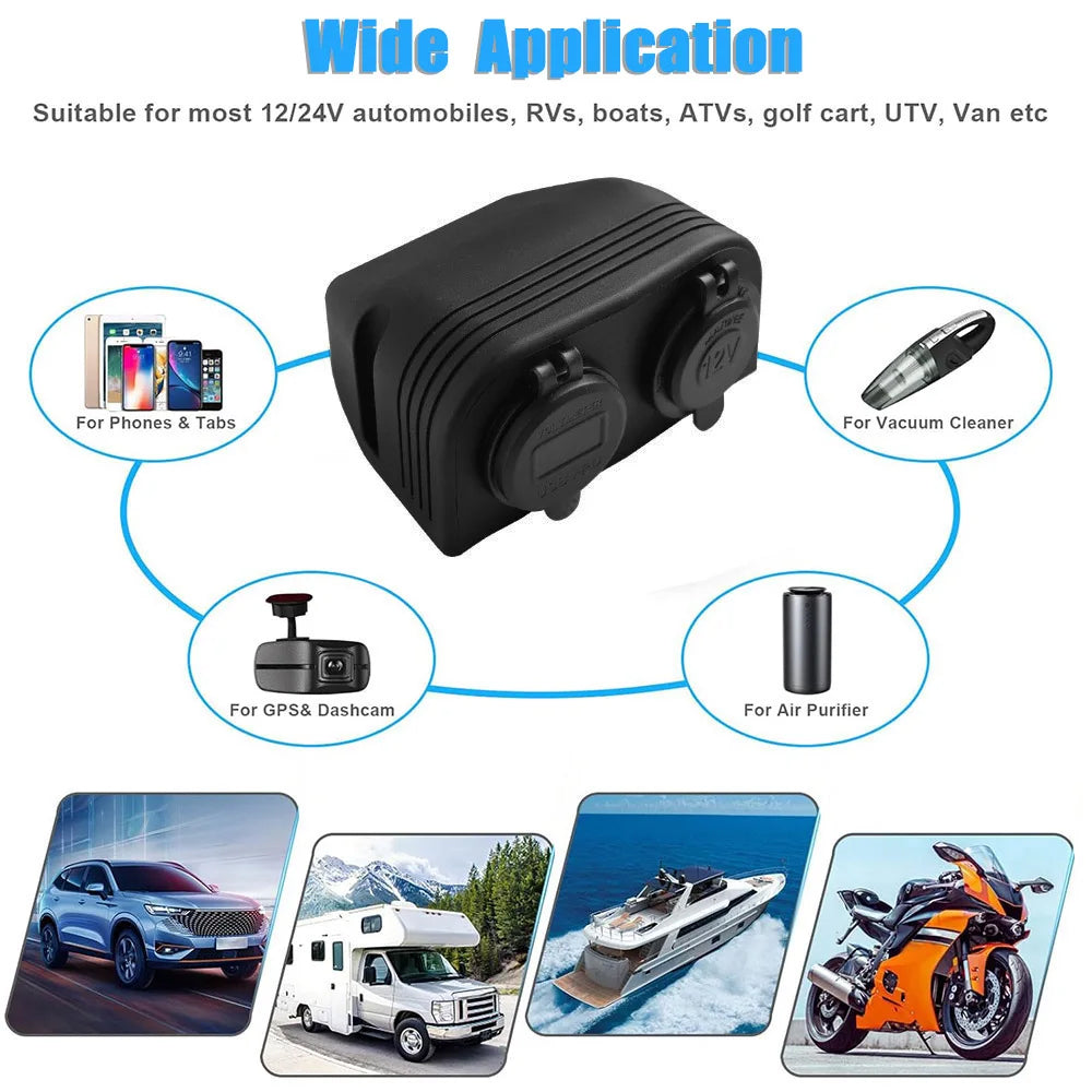 Tent Type Panel Cigarette Lighter Socket + PD USB C & QC3.0 Charger & Voltmeter