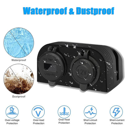 Tent Type Panel Cigarette Lighter Socket + PD USB C & QC3.0 Charger & Voltmeter