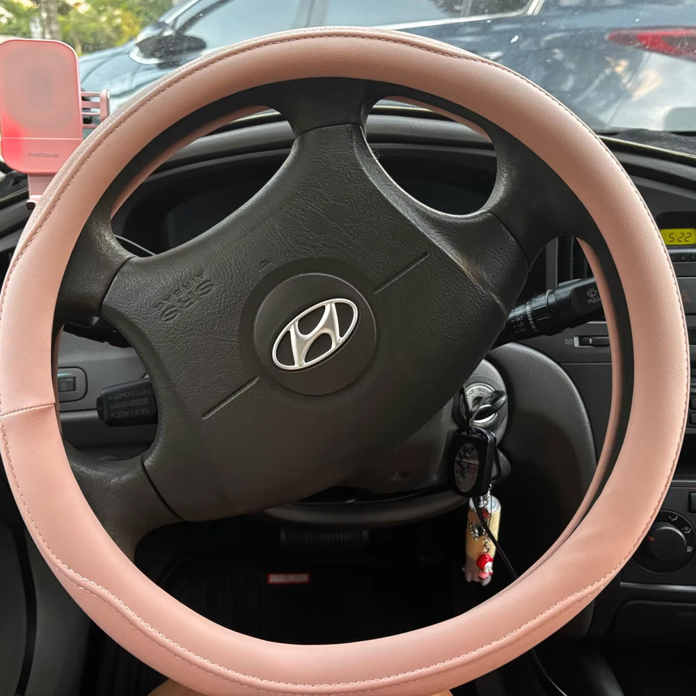 Napa Leather Car Steering Wheel Cover Universal 38cm Non-slip Breathable Pink