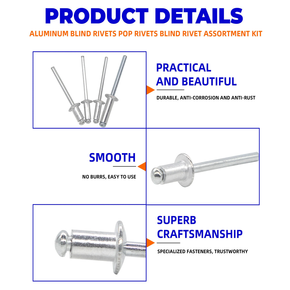 260pcs Pop Rivets Assortment Kit 12 Sizes Aluminum Blind Rivets Furniture & Car