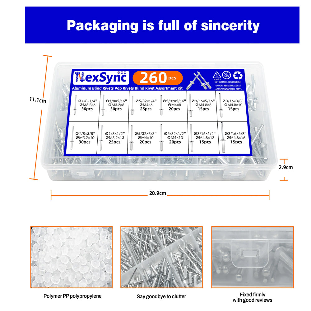 260pcs Pop Rivets Assortment Kit 12 Sizes Aluminum Blind Rivets Furniture & Car