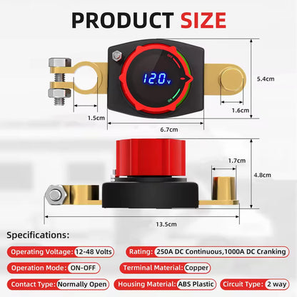 250A Top Post Battery Disconnect Switch 12-48V with LED Voltmeter Cut Off Switch