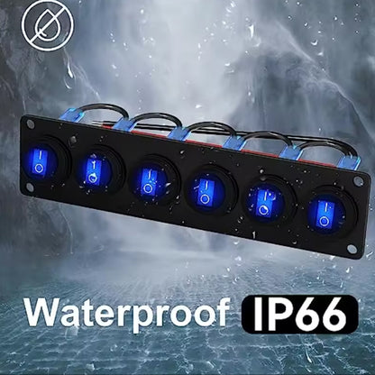 Pre Wired 6 Gang Blue LED Rocker Switch Panel 12V 20A Panel for Car Truck Marine