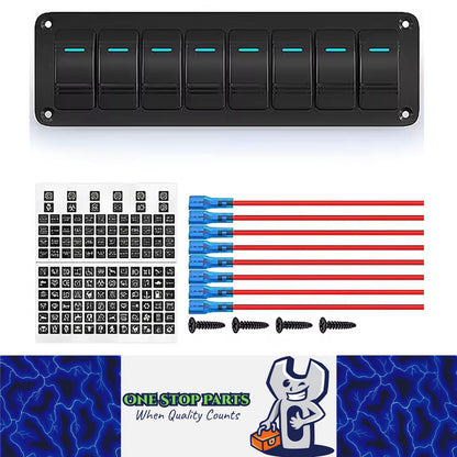 Pre-wired 8 Gang Blue LED Rocker Switch Panel 12-24V for Car Caravan Boat Marine