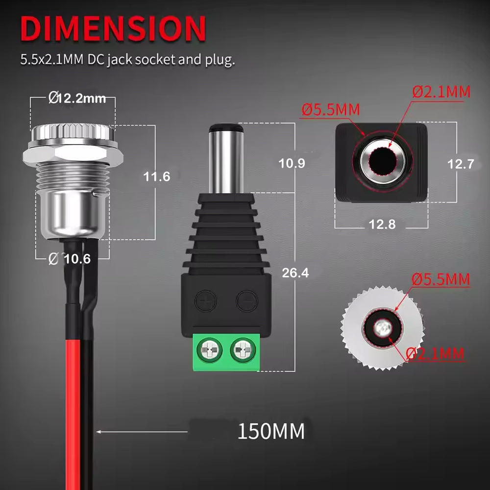1 Pair 5.5x2.1MM Pre-Wired Female DC Power Jack Panel Mount & Male DC Connector