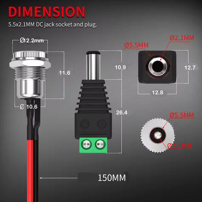 1 Pair 5.5x2.1MM Pre-Wired Female DC Power Jack Panel Mount & Male DC Connector