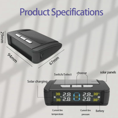 Tyre Pressure Monitor System TPMS Solar USB Tire Alarm with 4 External Sensors
