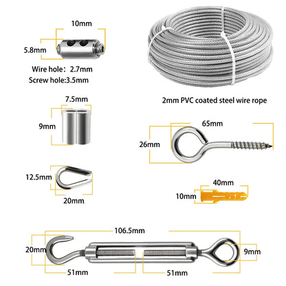 30m x 2mm PVC Coated 304 Stainless Steel Cable Kit with 51 Accessories Wire Rope