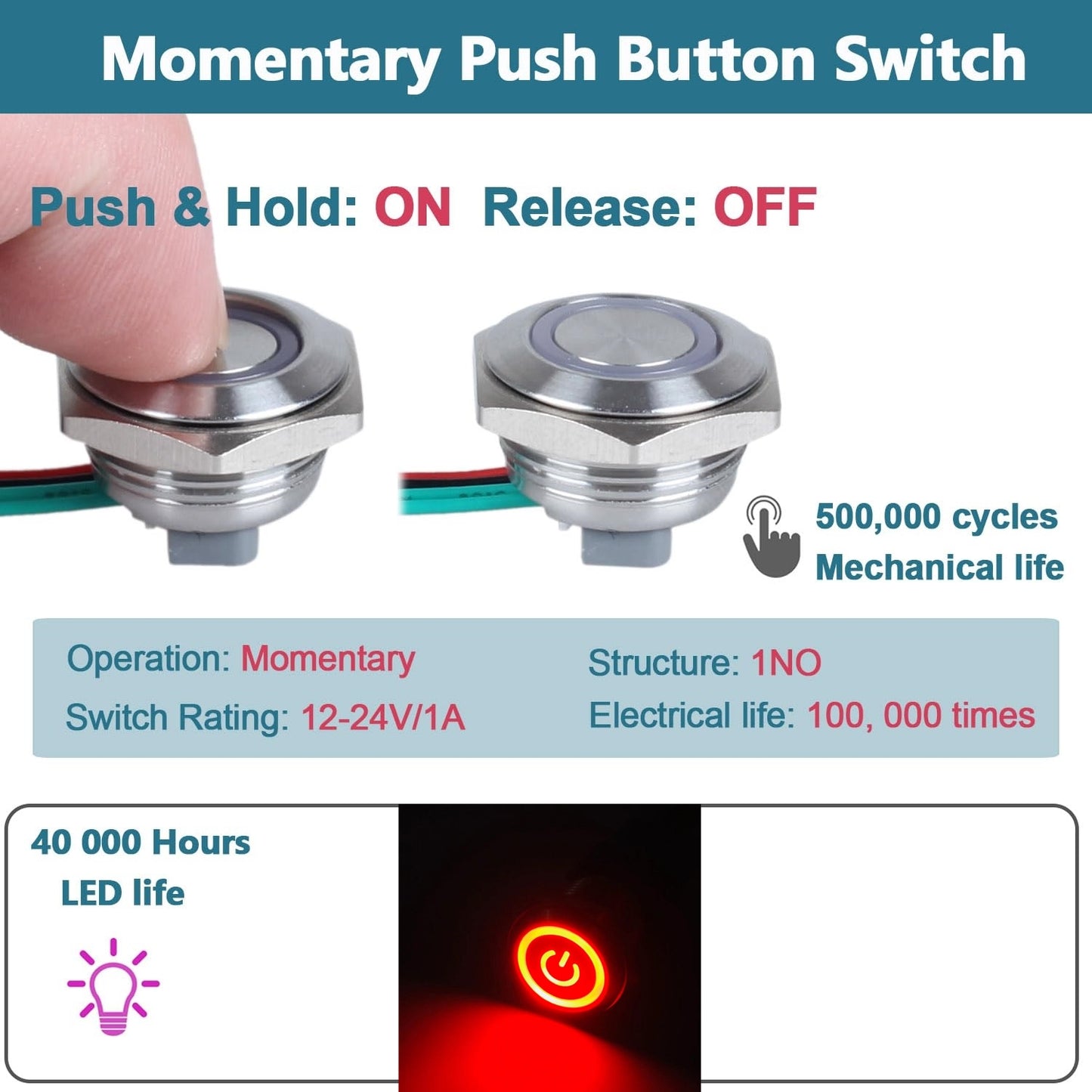 19mm Red LED Metal Push Button Switch Ultra Thin 12-24V Pre-Wired Self Reset