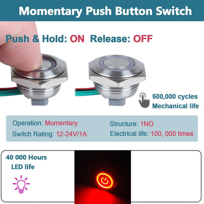 19mm Red LED Metal Push Button Switch Ultra Thin 12-24V Pre-Wired Self Reset