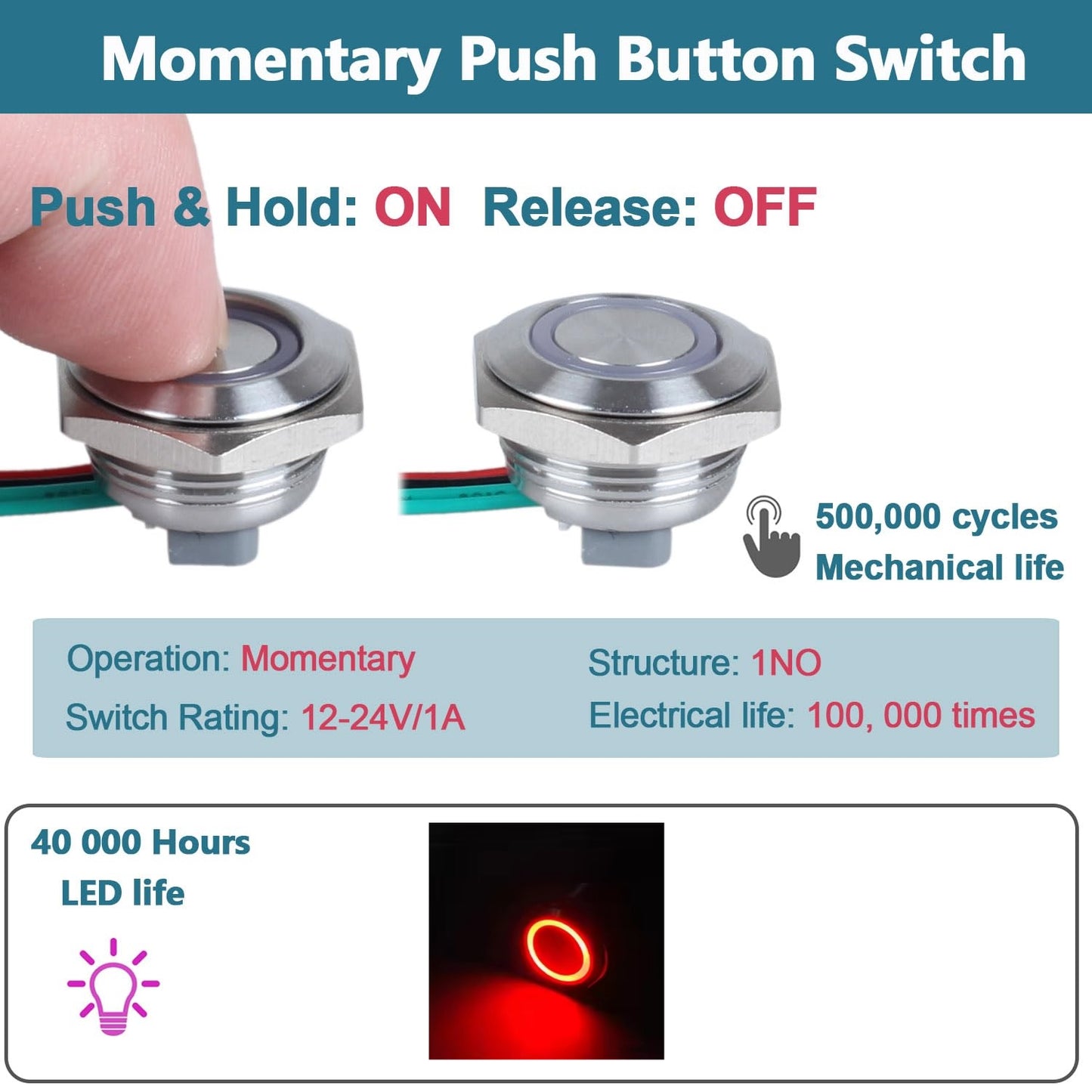 22mm Metal Push Button Switch Ultra Thin Red LED 12-24V Pre-Wired Self Reset