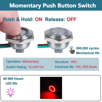 22mm Metal Push Button Switch Ultra Thin Red LED 12-24V Pre-Wired Self Reset