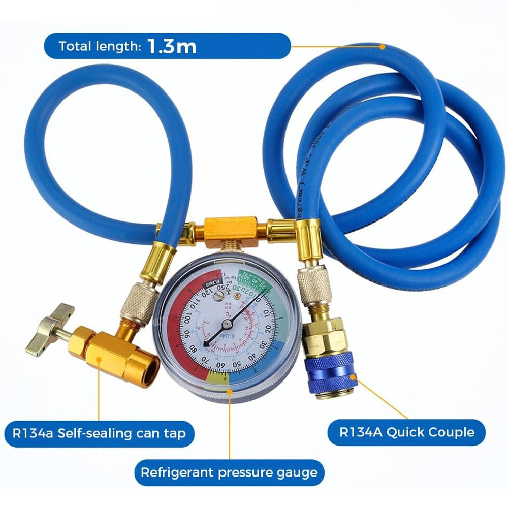 R134A Recharge Hose Kit with Gauge AC Refrigerant Charging Pipe Can Tap Adapter