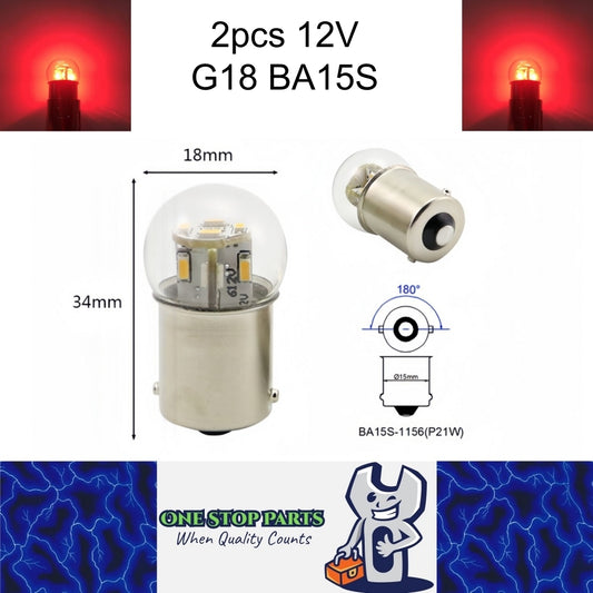 2 x Red G18 BA15S 1156 12V 12SMD 100LM LED Globes (2pcs)