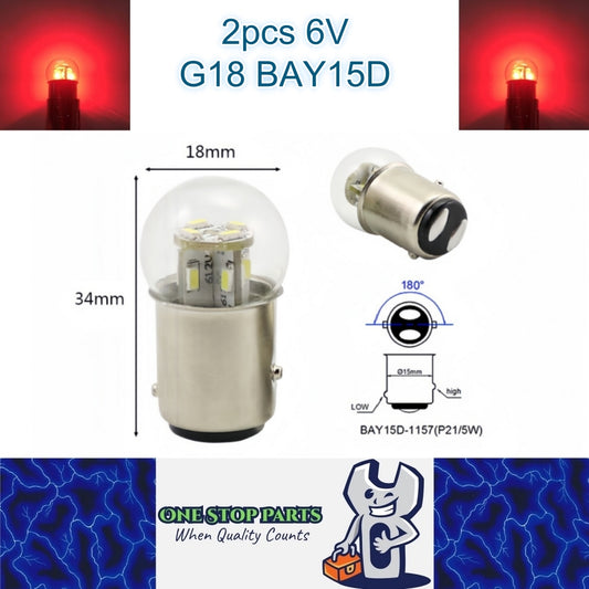 2 x Red G18 BAY15D 1157 6V 12SMD 100LM LED Globes (2pcs)