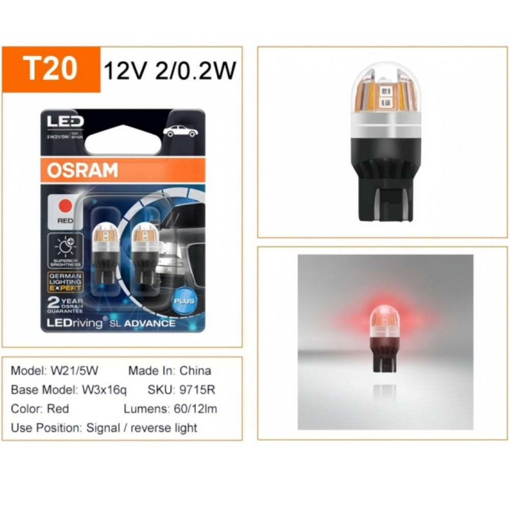OSRAM T20 7443 Red LED Globes 12V W21/5W Osram 7443 Red LED Tail Signal Light