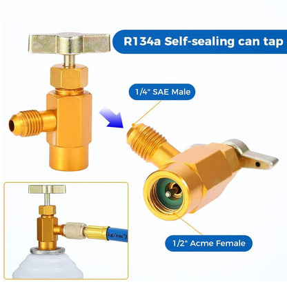R134A Recharge Hose Kit with Gauge AC Refrigerant Charging Pipe Can Tap Adapter