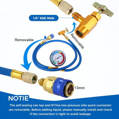R134A Recharge Hose Kit with Gauge AC Refrigerant Charging Pipe Can Tap Adapter