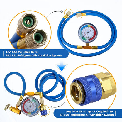 R134A Recharge Hose Kit with Gauge AC Refrigerant Charging Pipe Can Tap Adapter