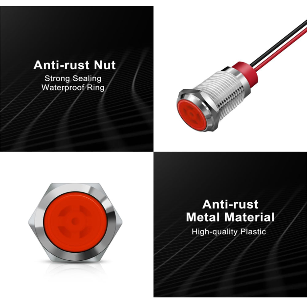 2 x Red LED Indicator Light 12mm Metal 12V-24V Pilot Signal Lamp IP67 Car Boat