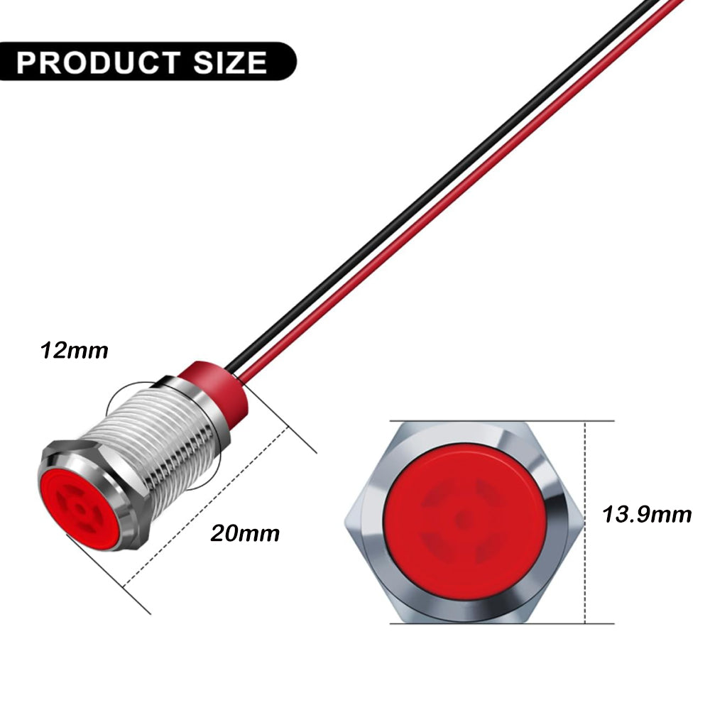 2 x Red LED Indicator Light 12mm Metal 12V-24V Pilot Signal Lamp IP67 Car Boat