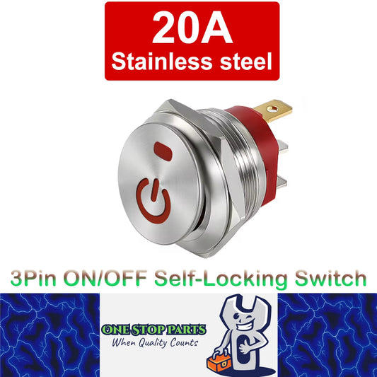 22mm Metal Push Button Switch Red LED 12V 20A 3Pin ON/OFF Self-Locking Switch