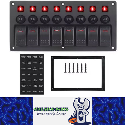 8 Gang Rocker Switch Panel Red LED Lights Pre-Wired with Circuit Breakers