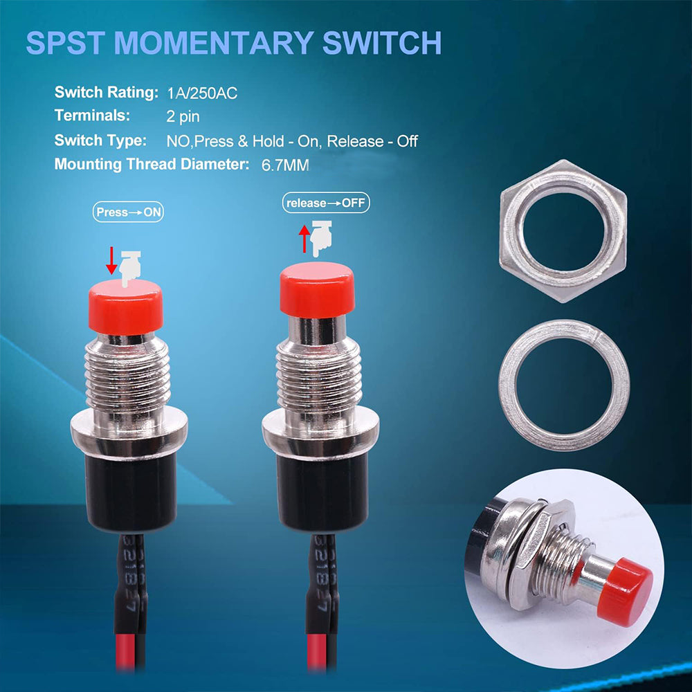 5 x Red Push Button Switches 7mm ON/OFF SPST Panel Mount Switches 20cm Wire