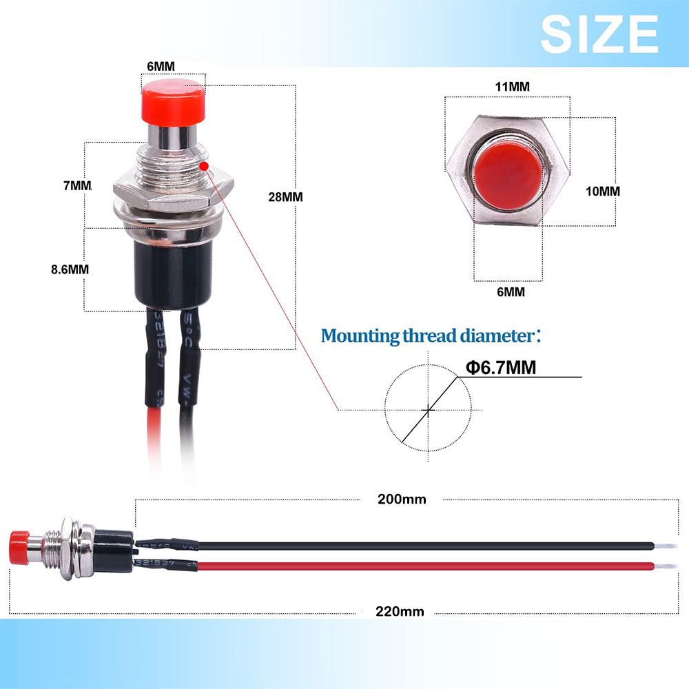 5 x Red Push Button Switches 7mm ON/OFF SPST Panel Mount Switches 20cm Wire