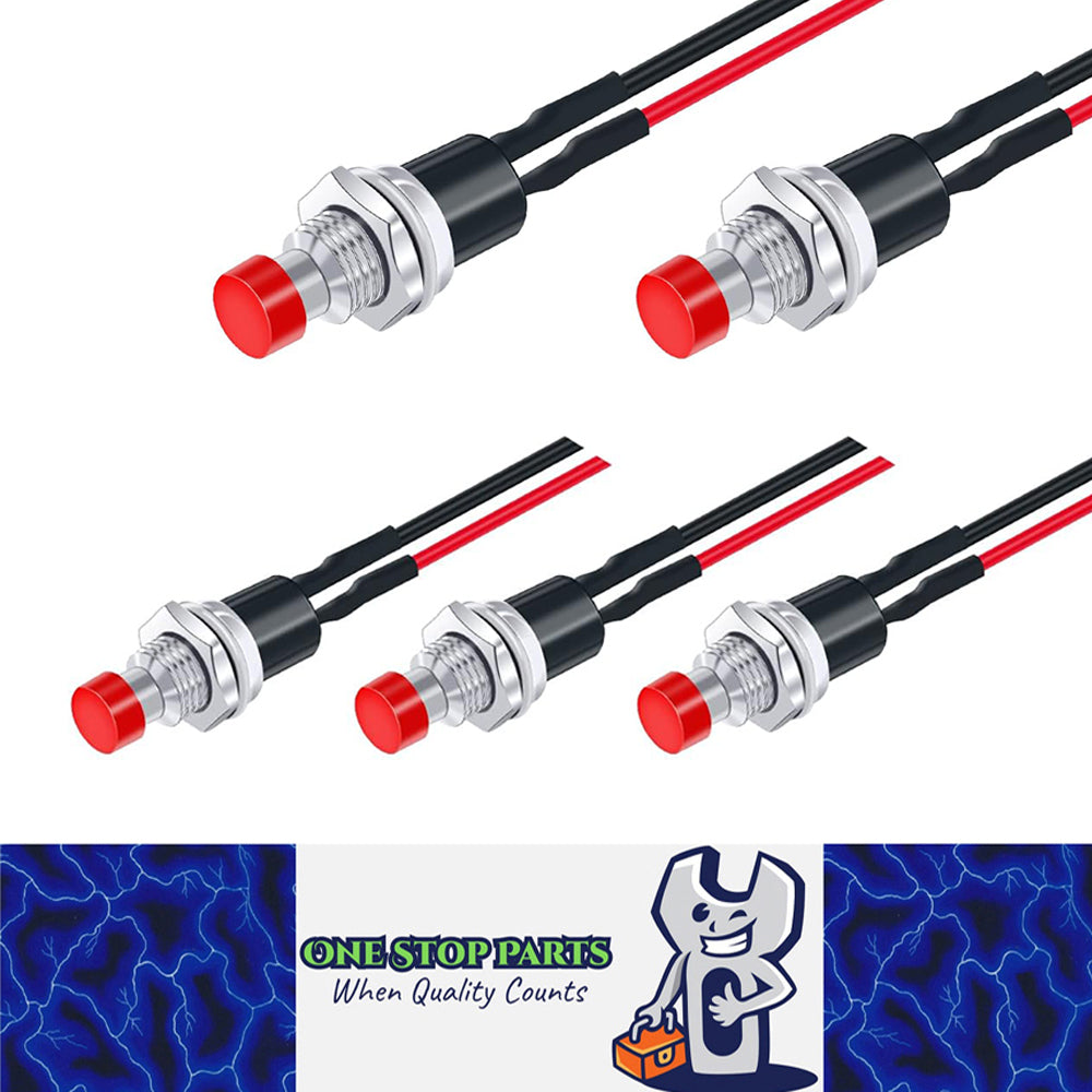 5 x Red Push Button Switches 7mm ON/OFF SPST Panel Mount Switches 20cm Wire