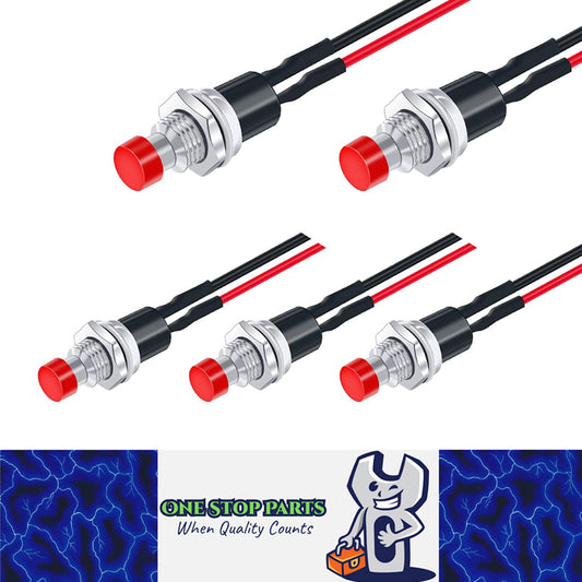 5 x Red Push Button Switches 7mm ON/OFF SPST Panel Mount Switches 20cm Wire