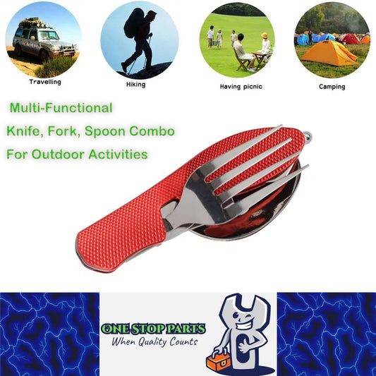 Red Foldable Multi-Functional Knife Fork Spoon Combo for Camping and Travel