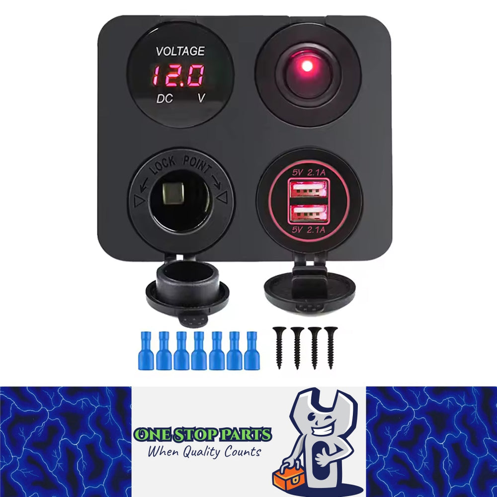 Red LED 4 in1 12V Switch Panel USB Charger Voltmeter Switch and Power Socket