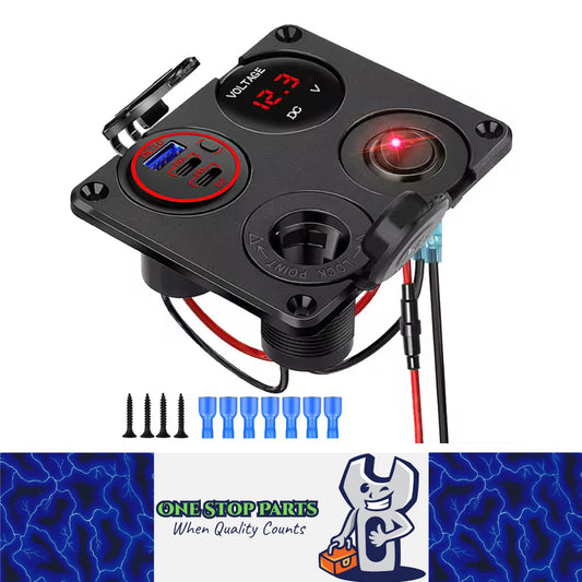 4 in1 Red LED Switch Panel 12V QC3.0+Dual PD USB Charger Voltmeter Power Socket