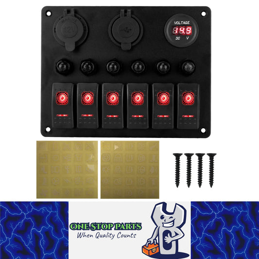 Red 6 Gang Switch Panel USB Charger Circuit Breakers Voltmeter Power Socket