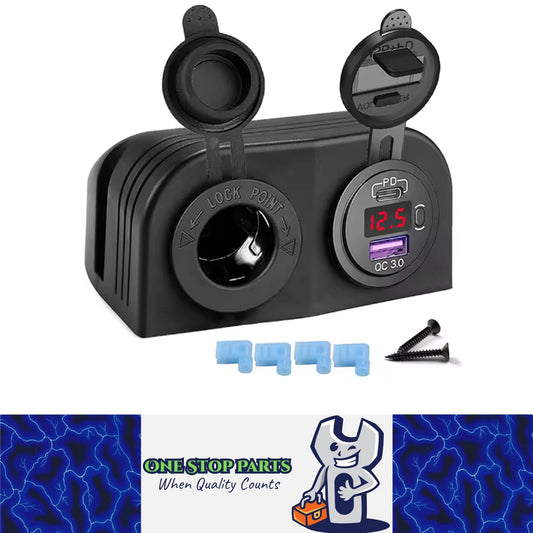 Tent Type Panel Cigarette Lighter Socket + PD USB C & QC3.0 Charger & Voltmeter