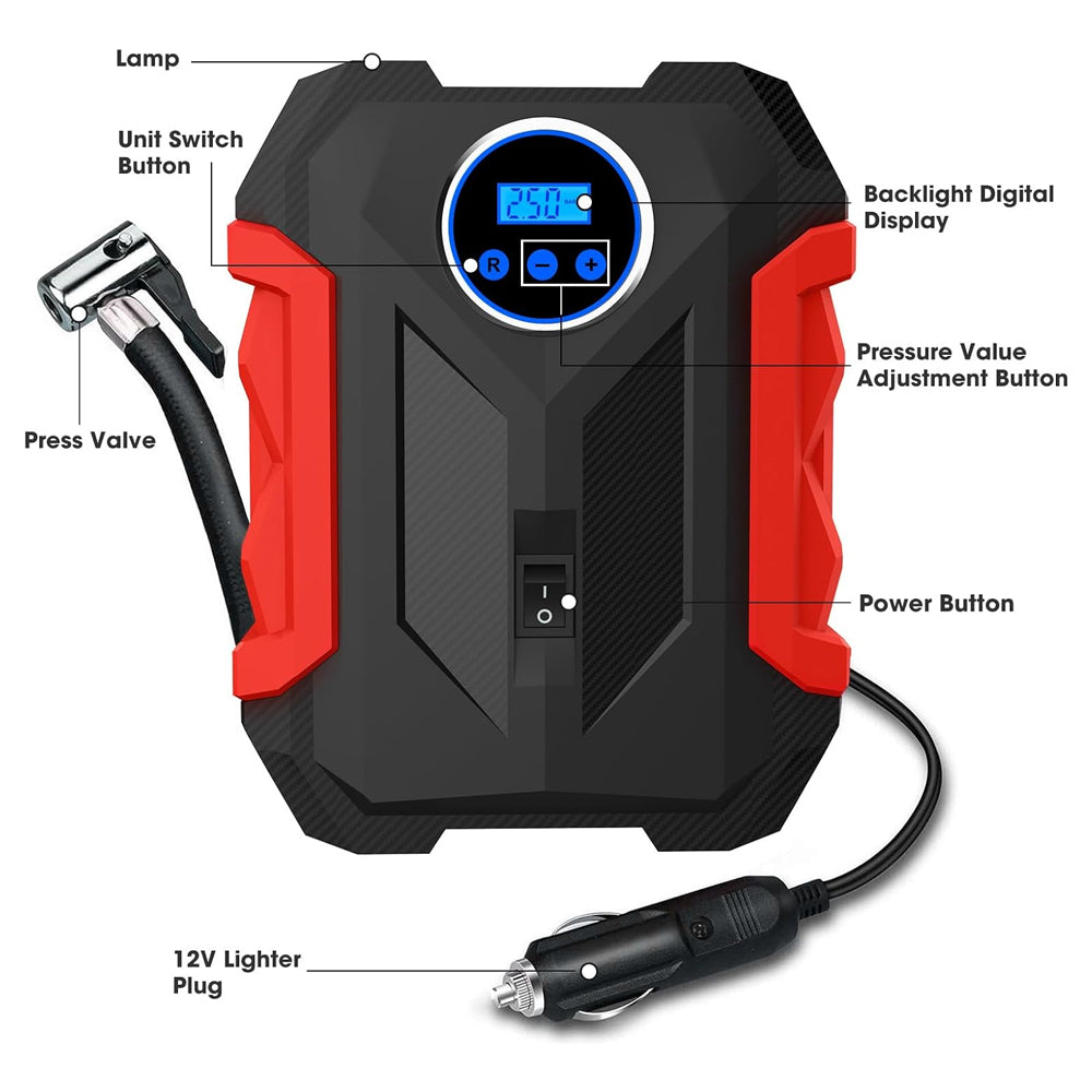 Red Car Air Compressor Pump Tire Inflator 12V 3M Cigarette Lighter Plug CableRe