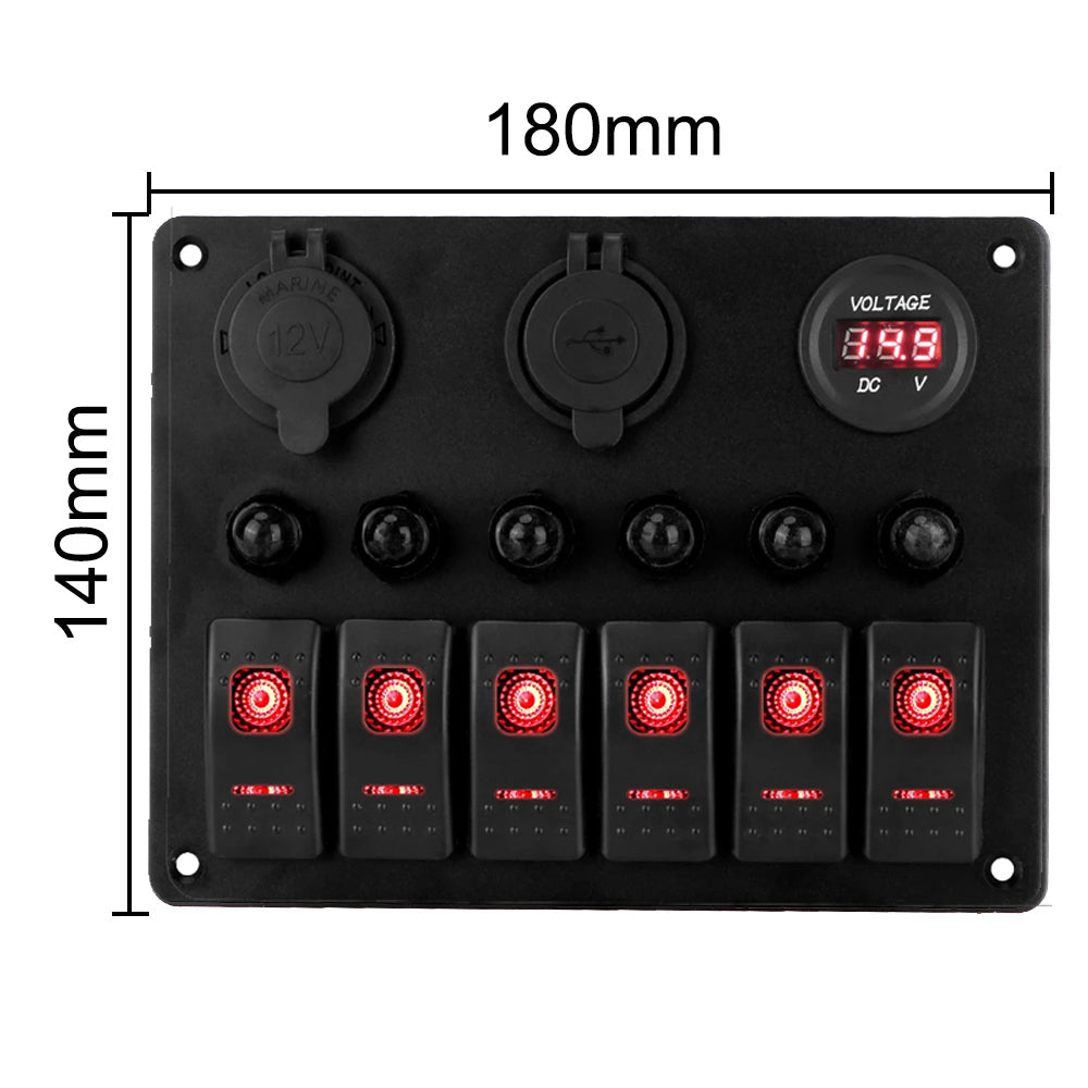 Red 6 Gang Switch Panel USB Charger Circuit Breakers Voltmeter Power Socket