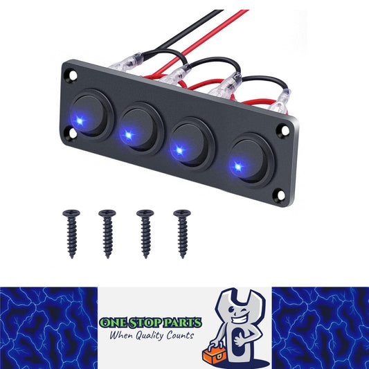 12/24V 4 x Rocker Button Switches on Panel with Blue LED Pre Wired with Screws