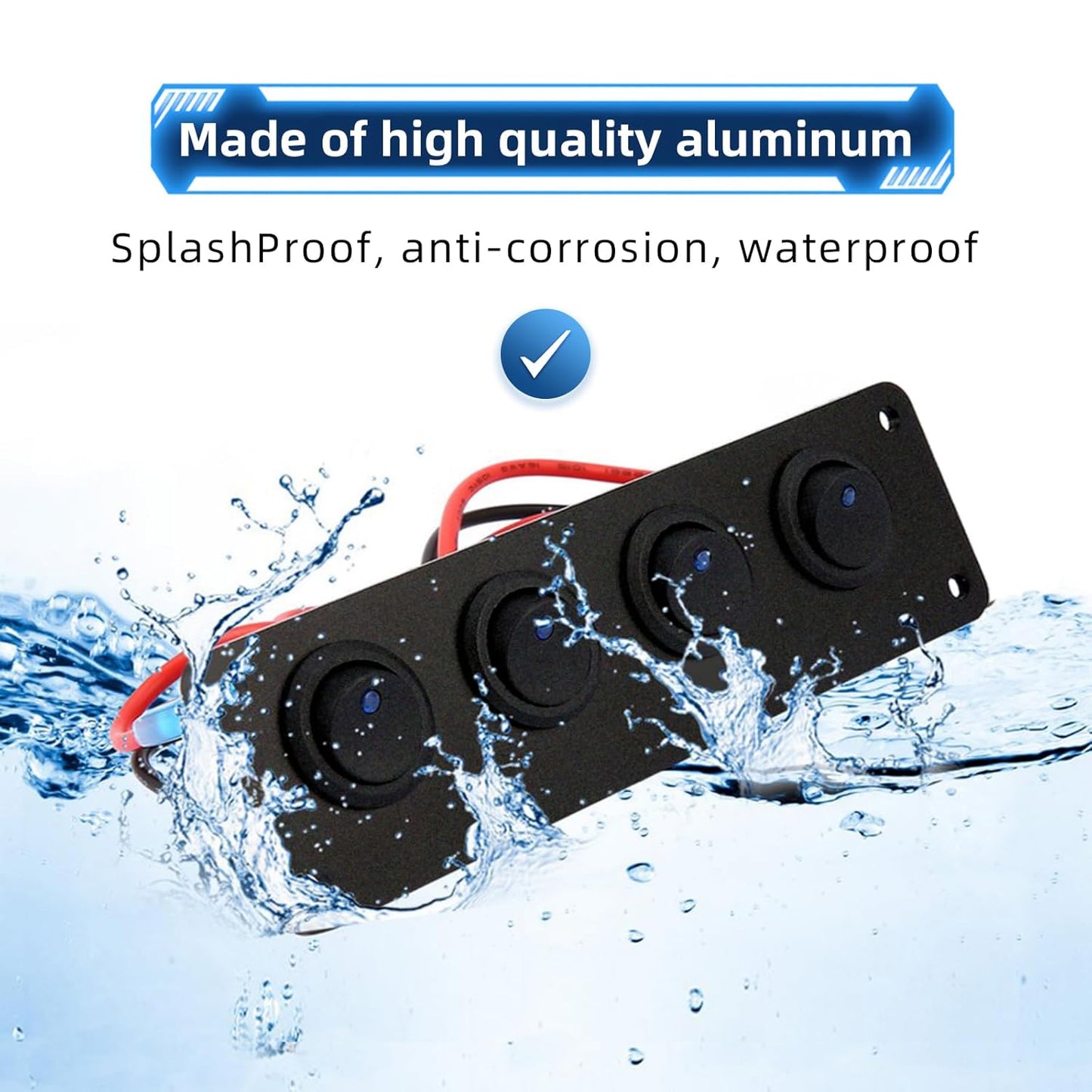 12/24V 4 x Rocker Button Switches on Panel with Blue LED Pre Wired with Screws