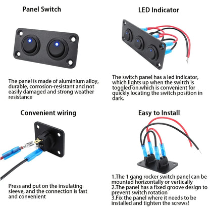 12v 5 x rocker button switches on panel with Blue LED Light pre wired with screw