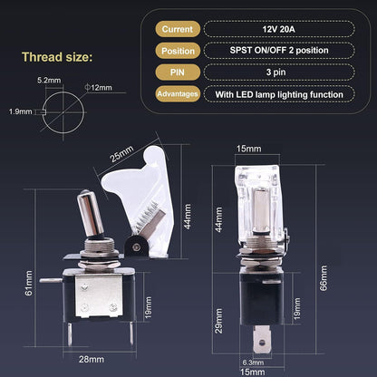 2 x White LED Toggle Switch 12V 20A with Safety Cover ON/Off Switch for Car Boat