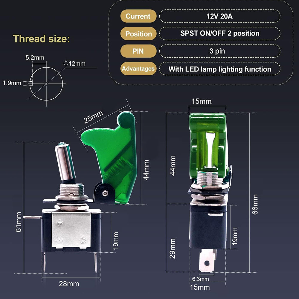 2pcs Green LED Toggle Switch 12V 20A with Safety Cover ON/Off Switch Car Boat