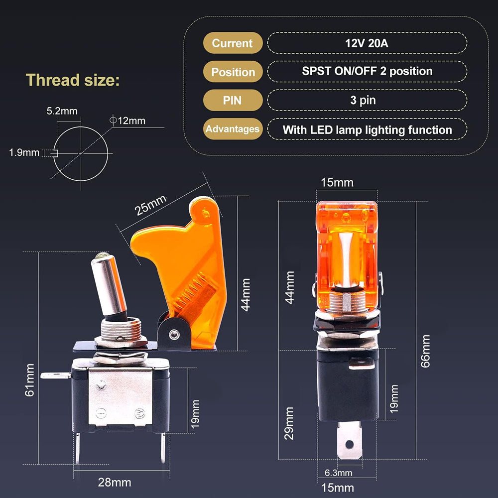 2x Yellow LED Toggle Switch 12V 20A with Safety Cover ON/Off Switch for Car Boat