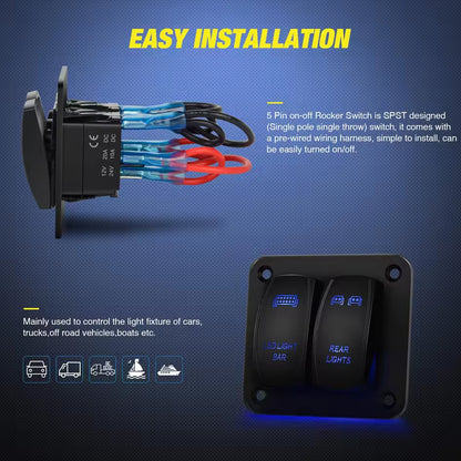 2 Gang Rocker Switch Panel Blue LED Light Bar Switch and Rear Lights Switch